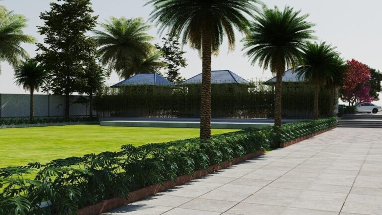 Landscaped park with green lawns