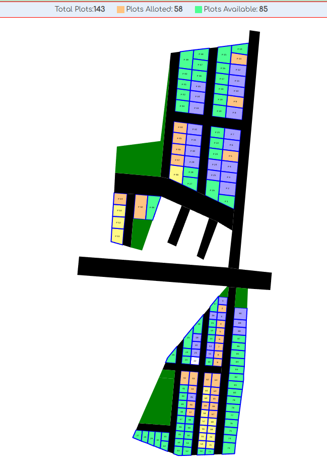 Phase 1 layout map — 143 plots, 85 available
