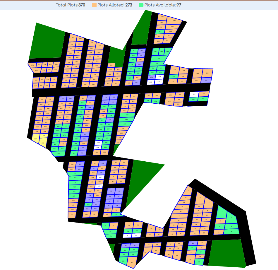 Phase 2 layout map — 370 plots, 97 available